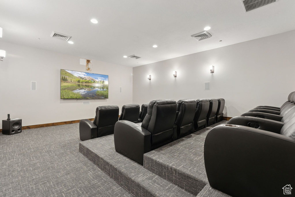Cinema room with carpet, recessed lighting, and baseboards