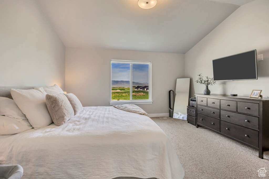 Bedroom featuring lofted ceiling, light colored carpet, and baseboards