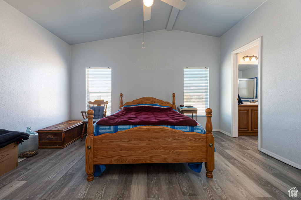 Bedroom with wood finished floors, multiple windows, ensuite bathroom, and baseboards