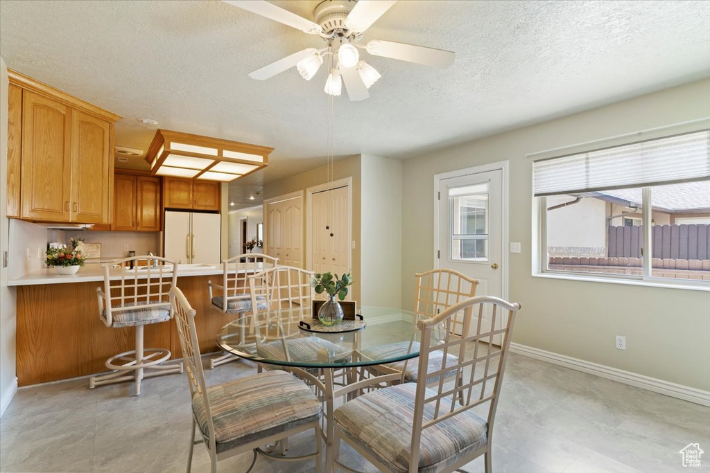 Dining room featuring baseboards, a textured ceiling, and ceiling fan
