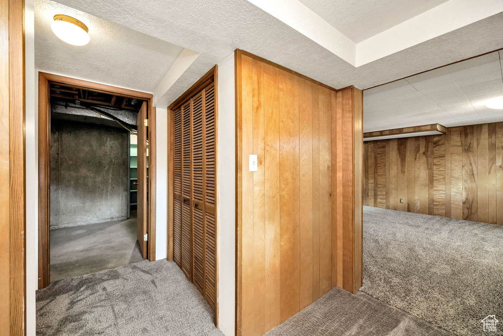 Hall with carpet flooring and wood walls