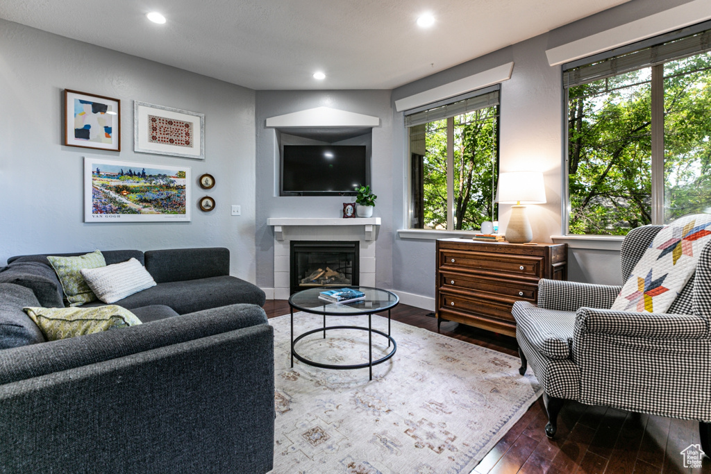 Living room with wood-type flooring, recessed lighting, a glass covered fireplace, and baseboards