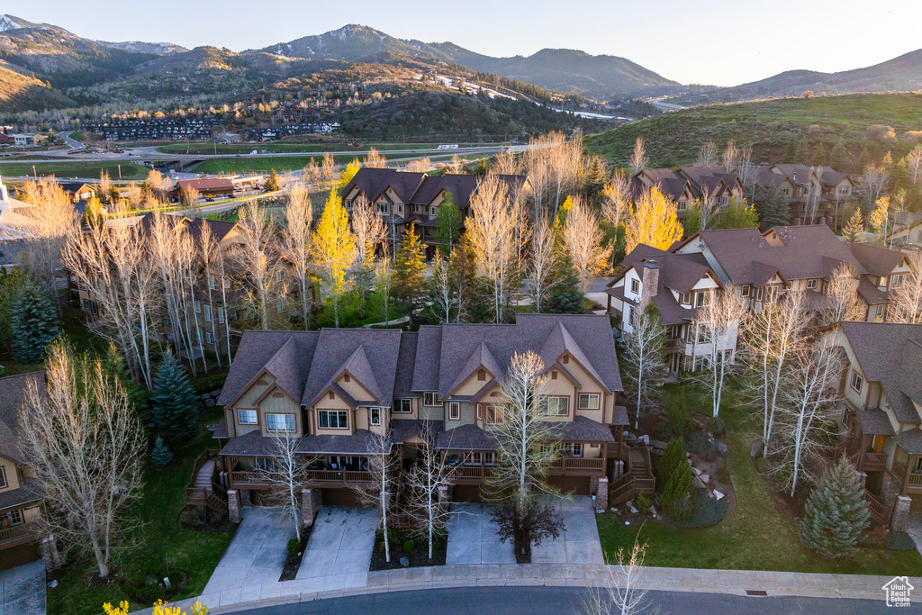 Aerial view of residential area with mountains