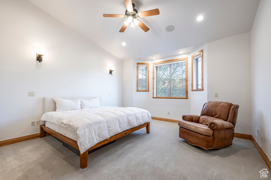 Bedroom featuring baseboards, light colored carpet, recessed lighting, vaulted ceiling, and a ceiling fan