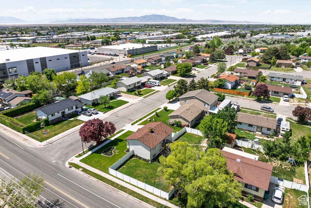 Aerial perspective of suburban area featuring mountains
