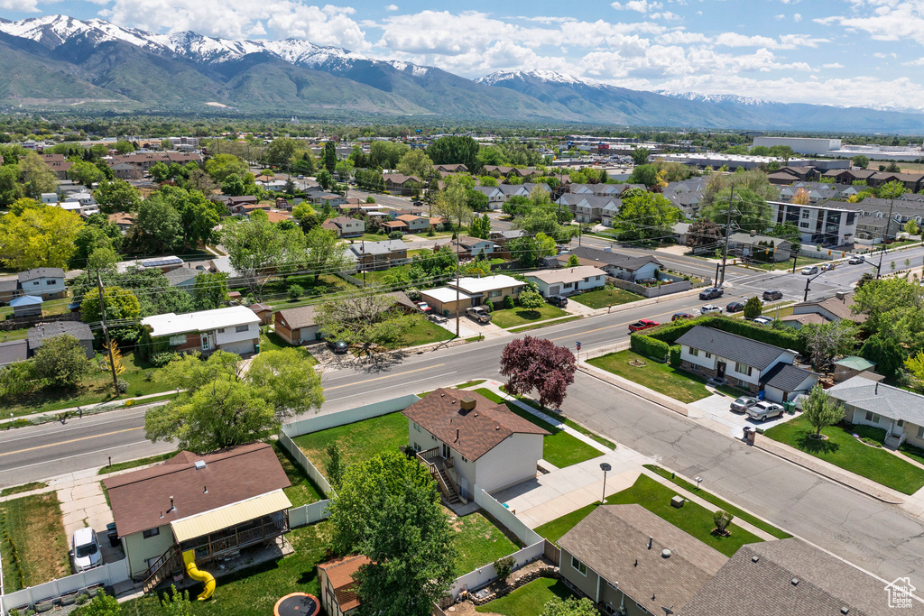 Aerial view of residential area with mountains