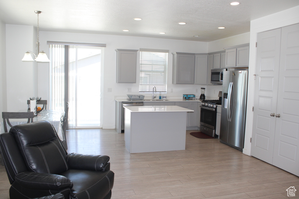 Kitchen with stainless steel appliances, gray cabinets, a sink, a center island, and open floor plan