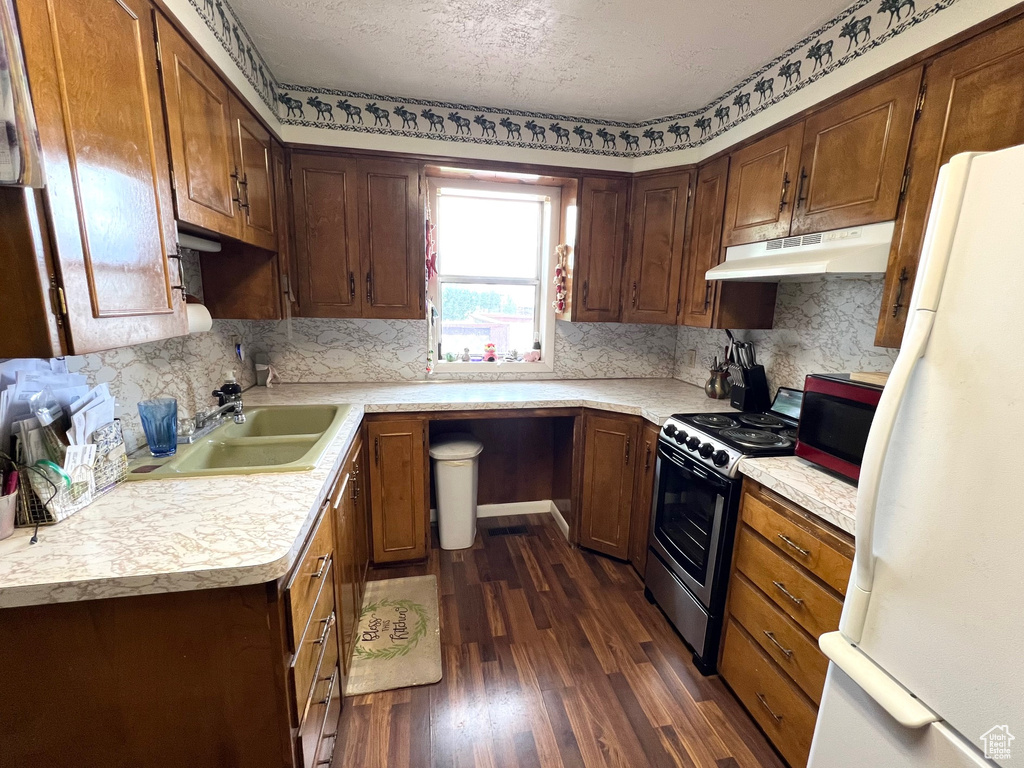 Kitchen featuring under cabinet range hood, electric range, a sink, dark wood-style floors, and freestanding refrigerator