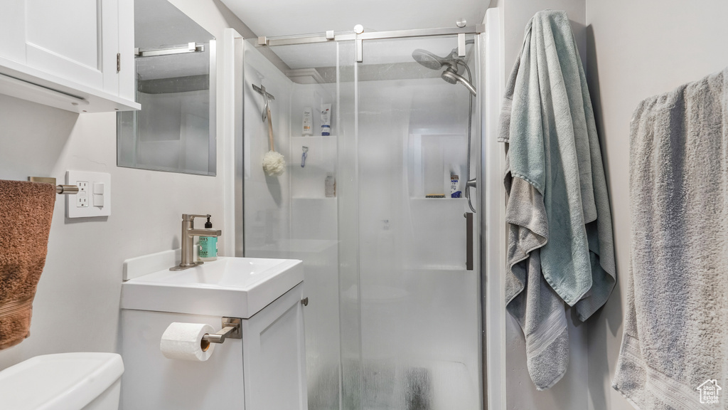 Bathroom with toilet, a stall shower, and vanity