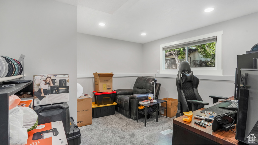 Carpeted office with recessed lighting