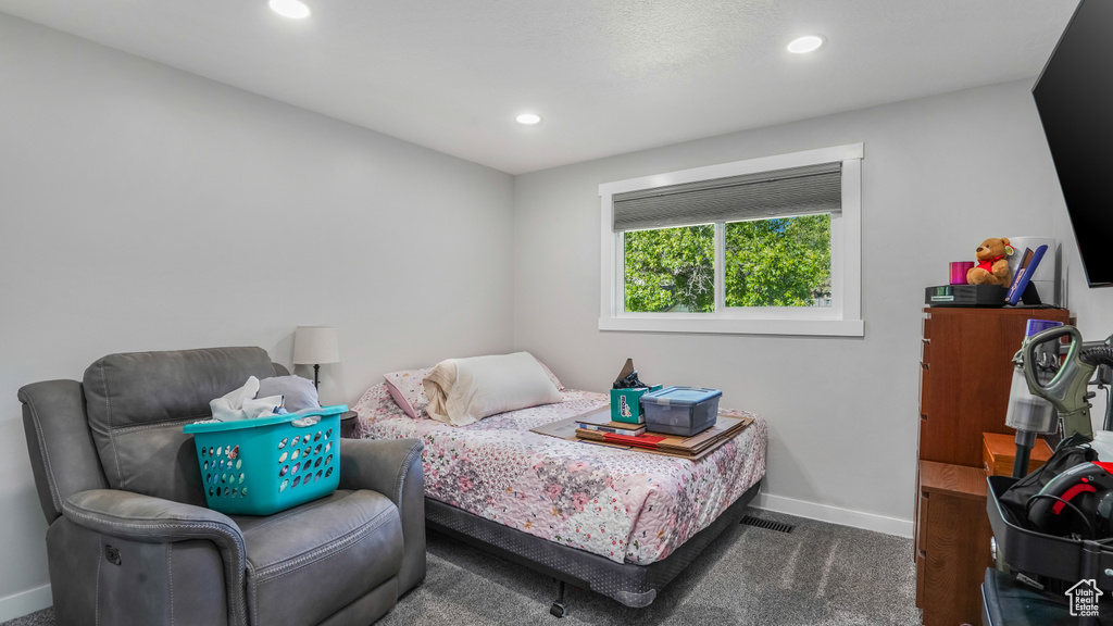 Bedroom with carpet floors, baseboards, and recessed lighting