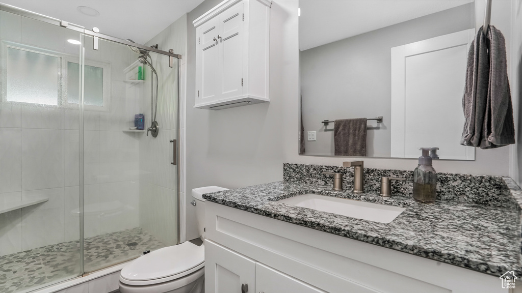 Bathroom featuring toilet, a shower stall, and vanity