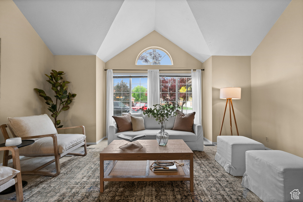 Carpeted living room featuring lofted ceiling and baseboards