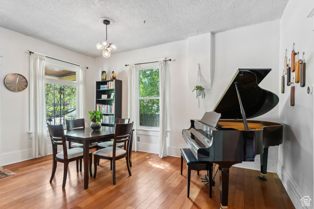 Dining area featuring light wood-style flooring, a textured ceiling, and baseboards