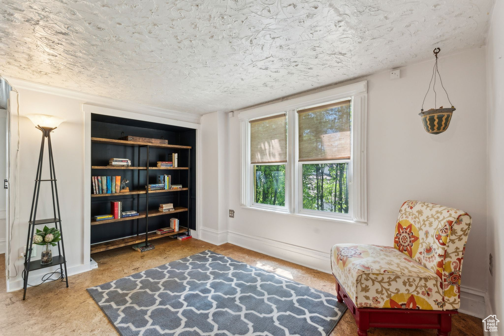 Living area with a textured ceiling and baseboards