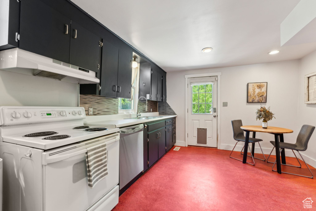 Kitchen featuring white electric stove, a sink, under cabinet range hood, dishwasher, and baseboards