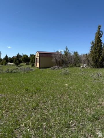 View of green lawn featuring a storage unit and an outbuilding