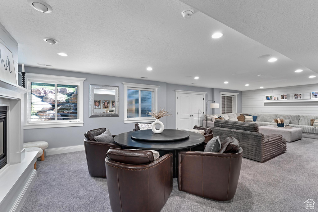 Living room with carpet, recessed lighting, baseboards, and a textured ceiling