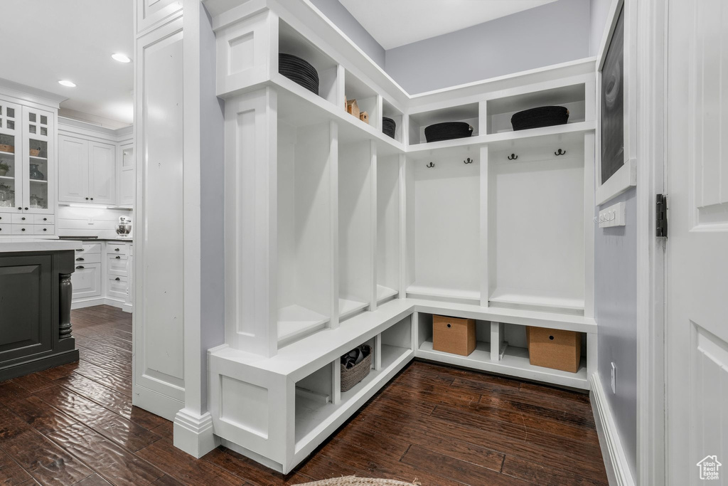 Mudroom featuring dark wood-type flooring and recessed lighting