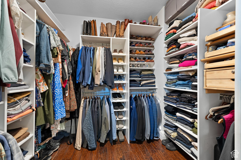 Walk in closet with wood finished floors