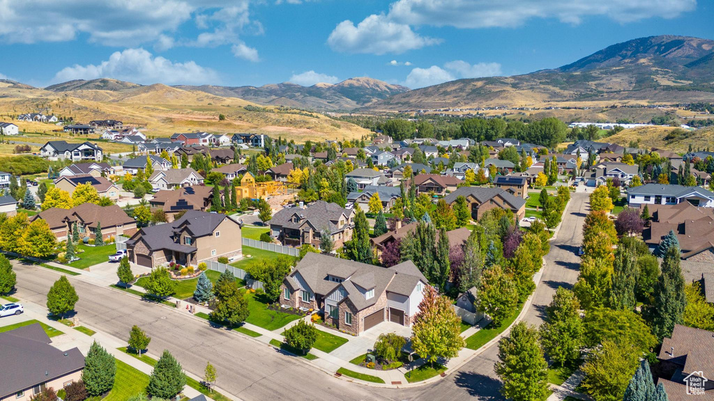 Aerial view of residential area with mountains