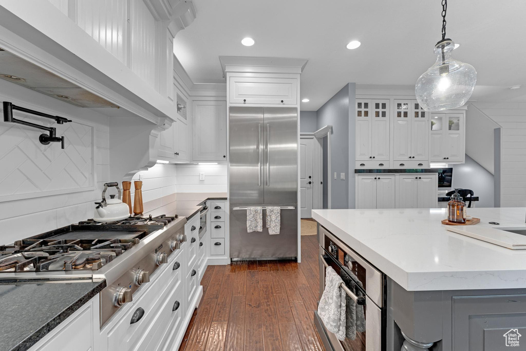 Kitchen with stainless steel appliances, dark wood-style floors, extractor fan, glass insert cabinets, and white cabinets