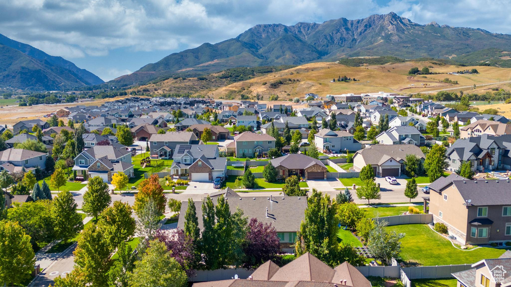 Aerial perspective of suburban area featuring mountains