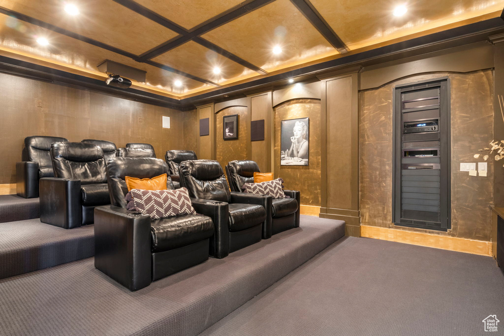 Cinema with coffered ceiling, carpet floors, and recessed lighting
