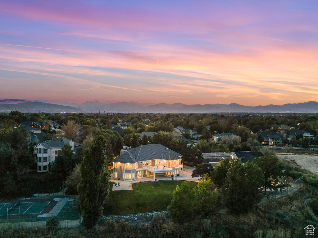 Aerial view at dusk of a mountain view
