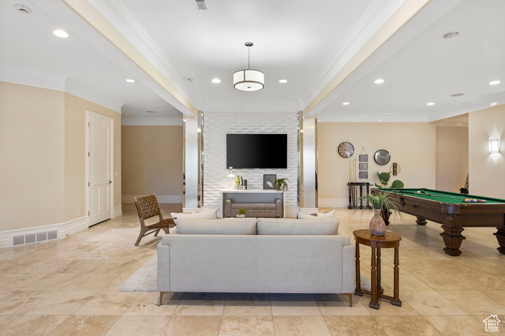 Living area featuring ornamental molding, pool table, recessed lighting, and baseboards