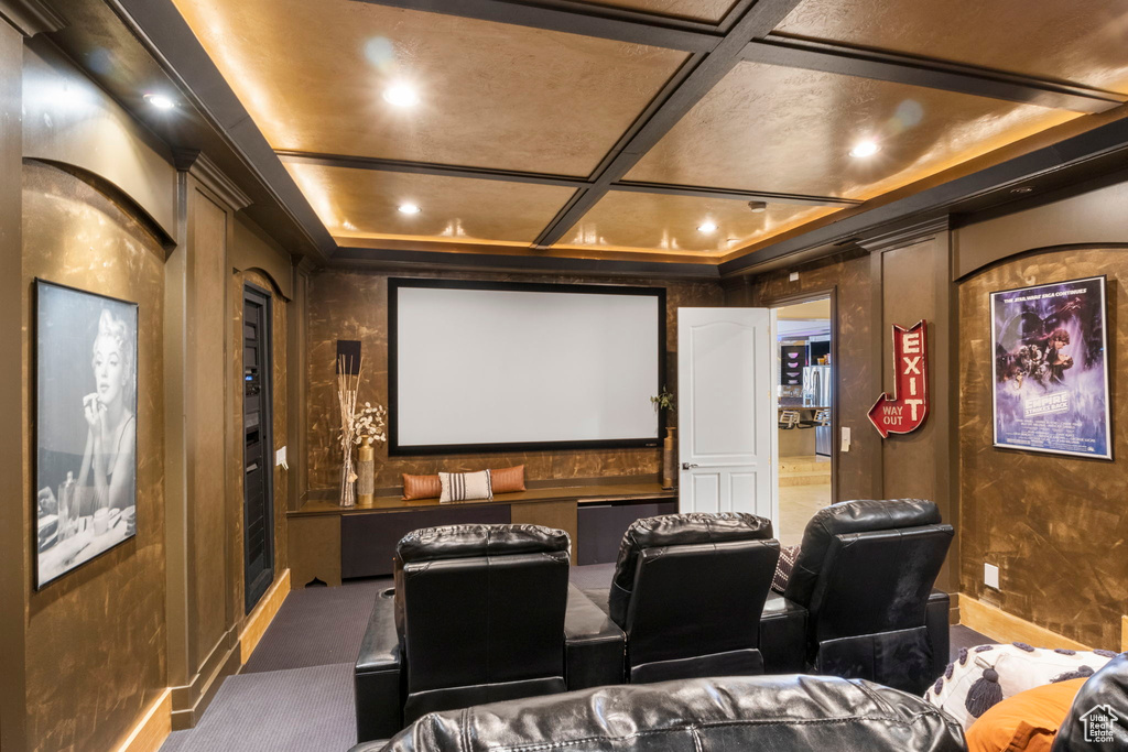 Home theater room featuring recessed lighting, carpet floors, and coffered ceiling
