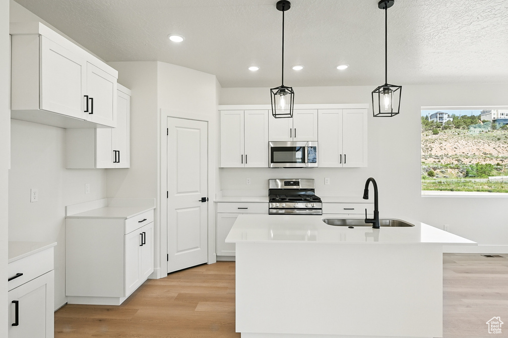 Kitchen featuring appliances with stainless steel finishes, a sink, light wood-style flooring, recessed lighting, and light countertops