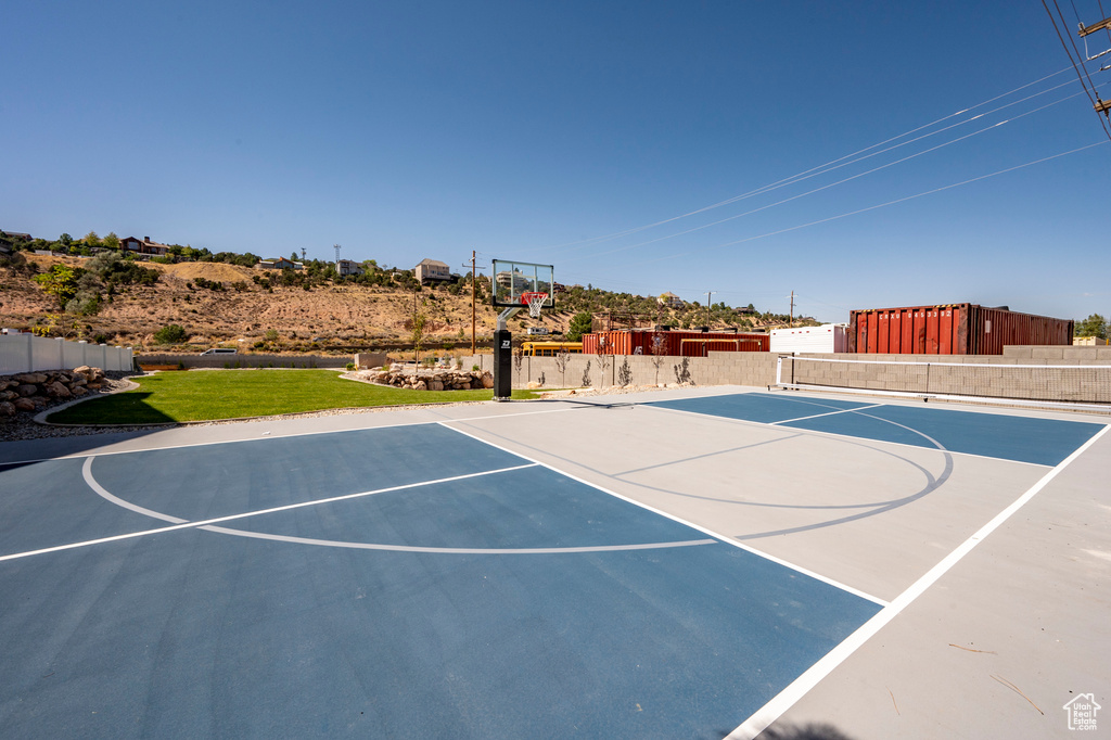 View of basketball court with basketball hoop