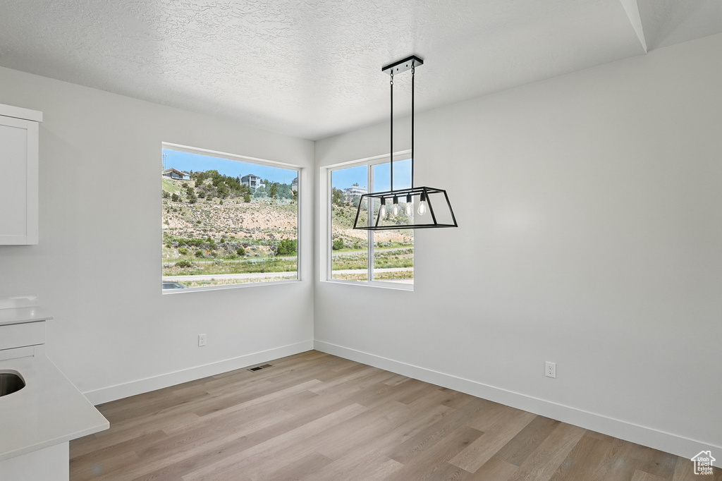 Unfurnished dining area featuring light wood-type flooring, baseboards, and a textured ceiling