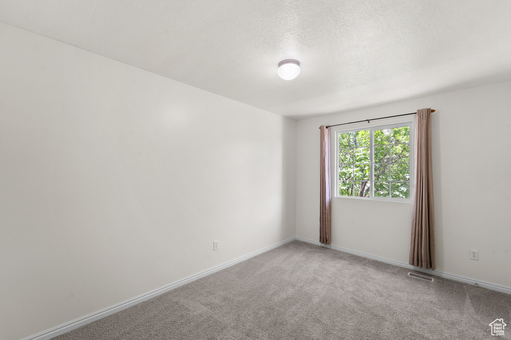 Unfurnished room featuring light carpet, baseboards, and a textured ceiling