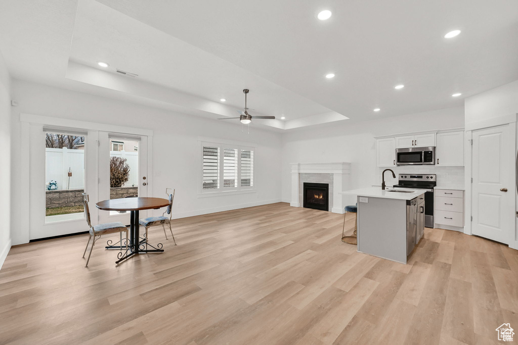 Kitchen with stainless steel appliances, a raised ceiling, a ceiling fan, recessed lighting, and light countertops