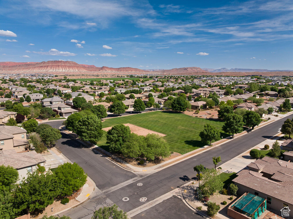 Aerial perspective of suburban area featuring mountains