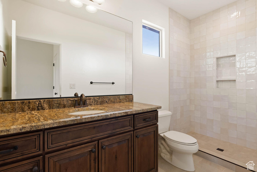 Full bathroom featuring toilet, vanity, and tiled shower