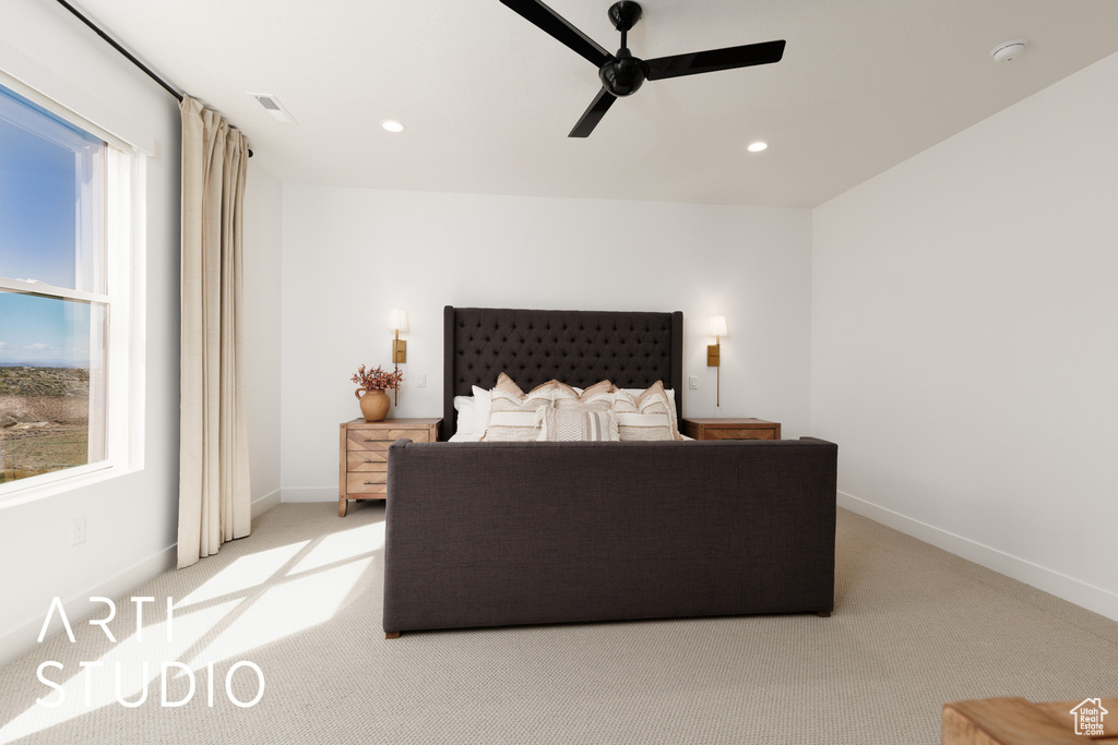 Bedroom featuring light colored carpet, a ceiling fan, baseboards, recessed lighting, and visible vents