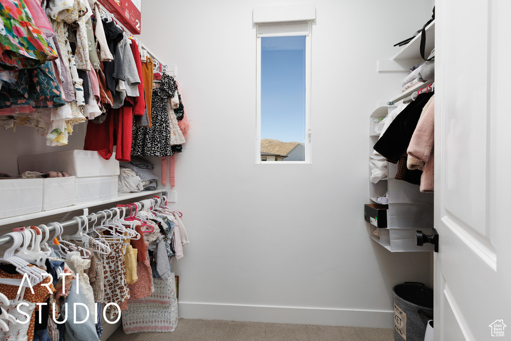 Walk in closet featuring carpet flooring