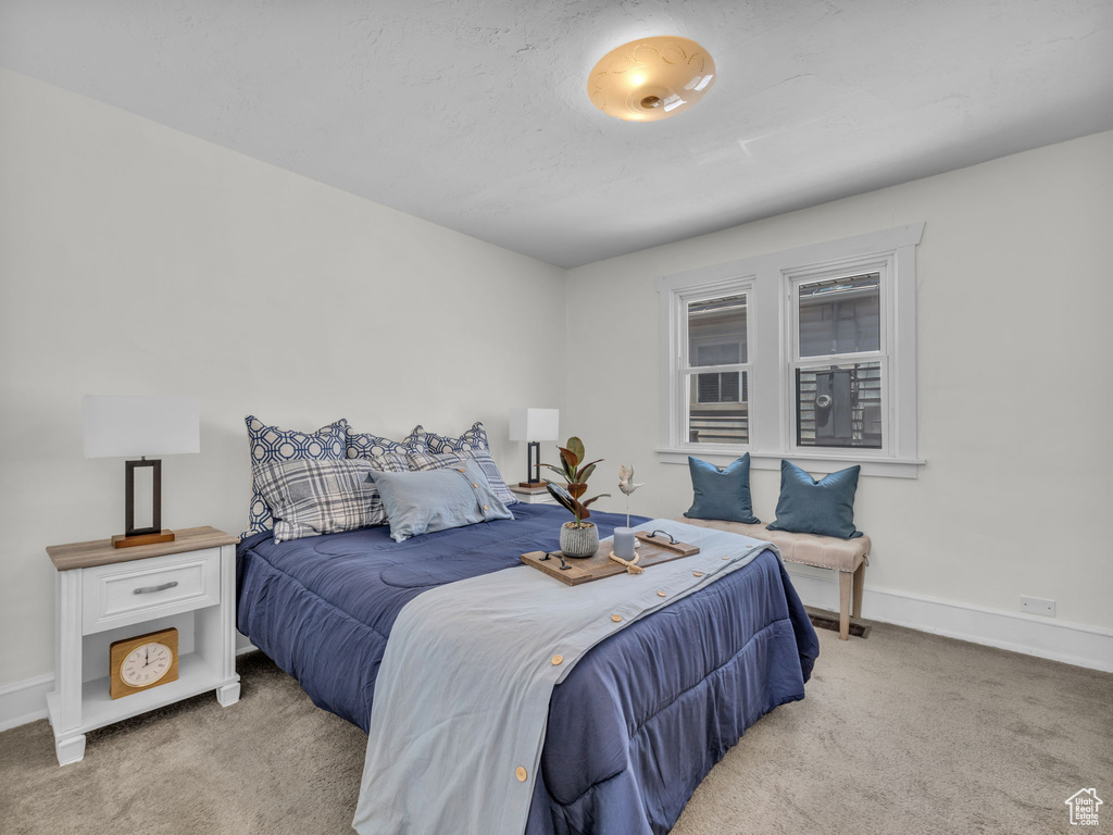 Bedroom with light carpet and baseboards