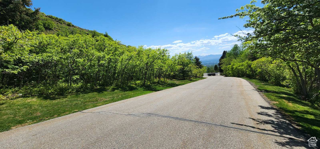 View of asphalt street featuring a wooded view