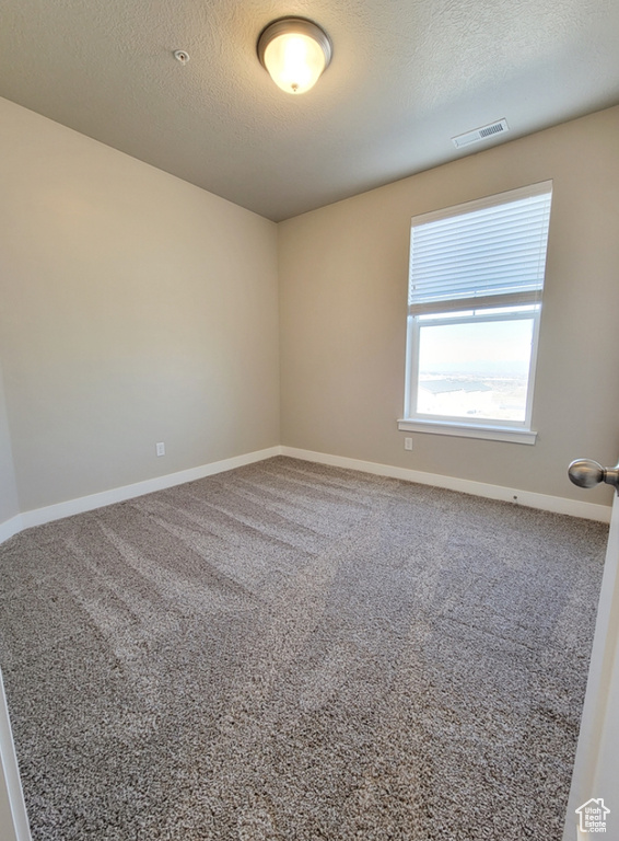 Carpeted spare room with a textured ceiling, baseboards, and visible vents