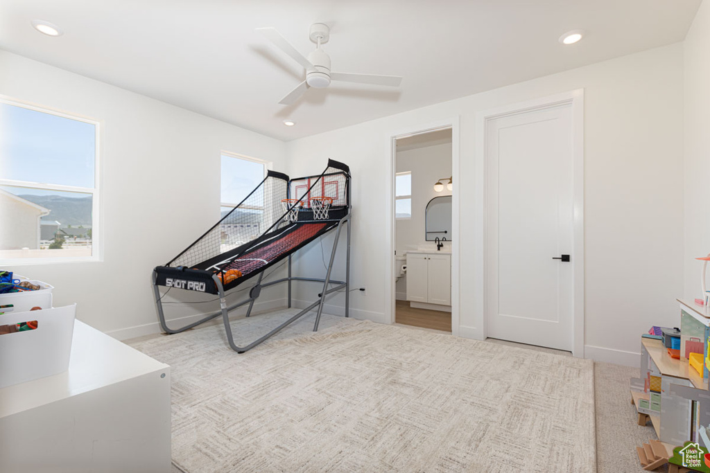 Misc room with ceiling fan, baseboards, recessed lighting, and carpet