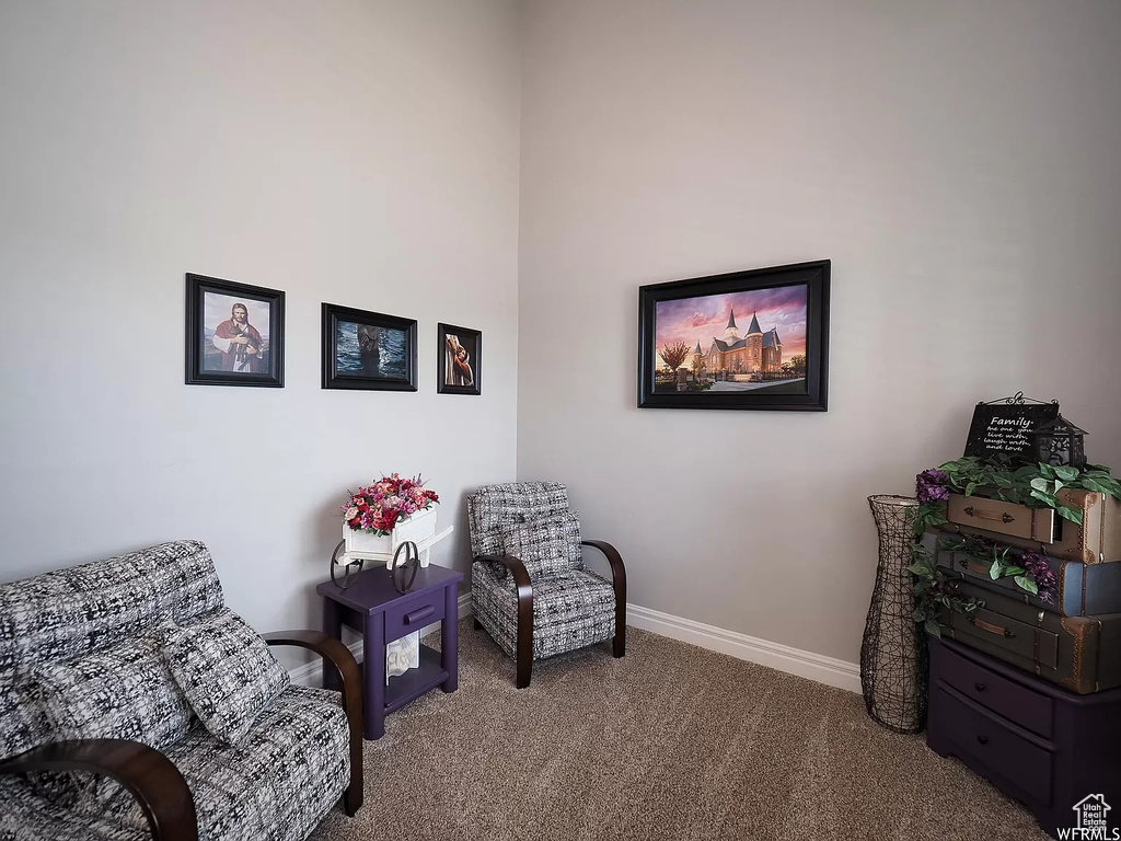 Living area featuring carpet and baseboards