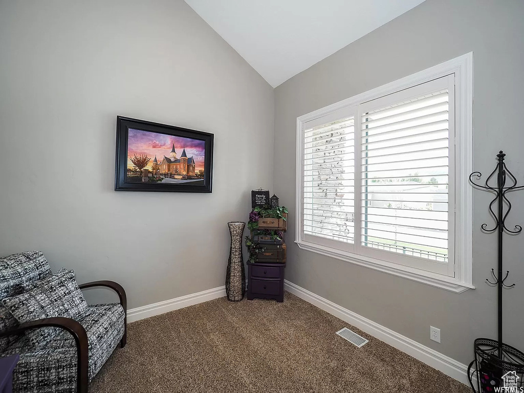 Living area featuring carpet flooring, vaulted ceiling, plenty of natural light, and baseboards
