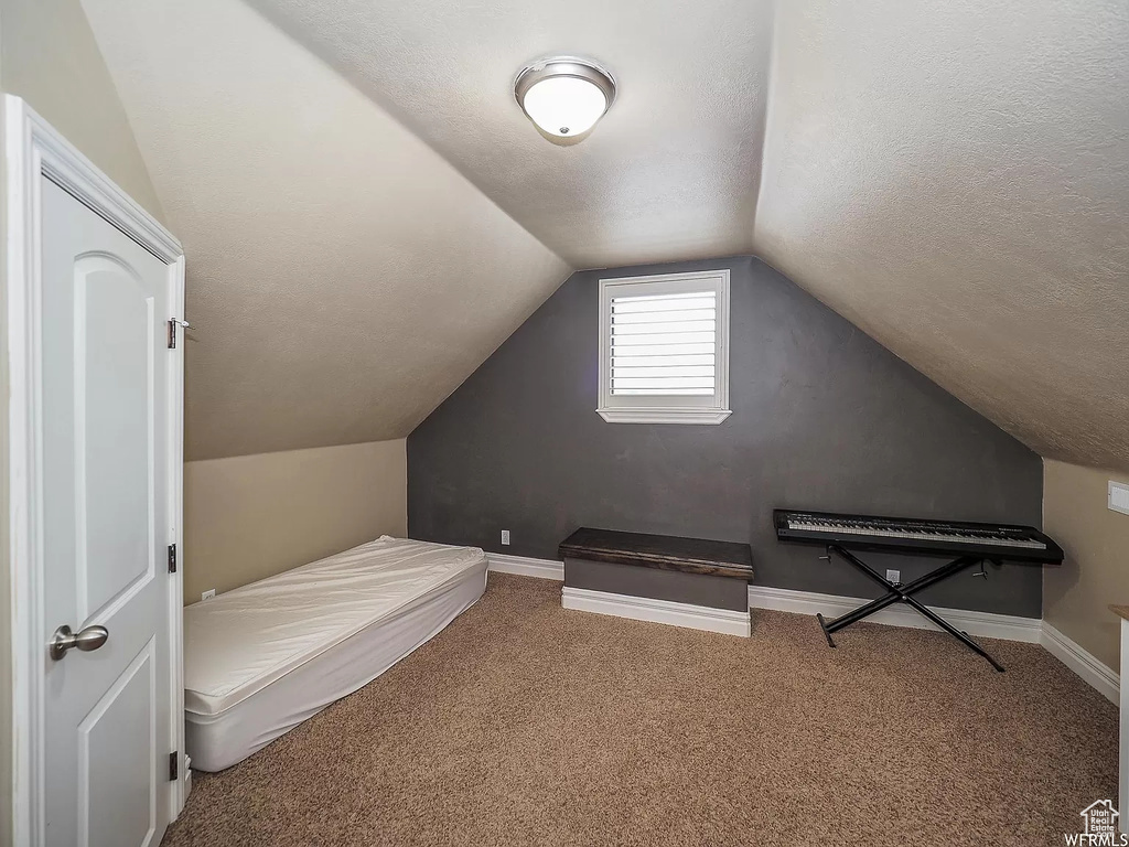 Additional living space with a textured ceiling, vaulted ceiling, carpet flooring, and baseboards