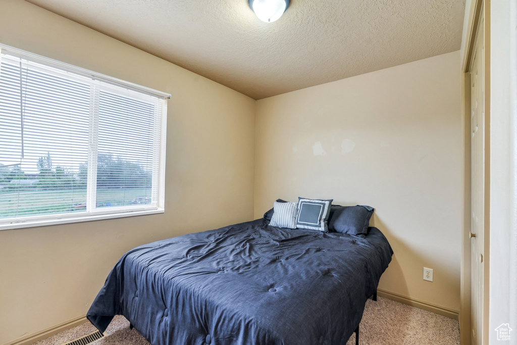 Carpeted bedroom featuring a textured ceiling