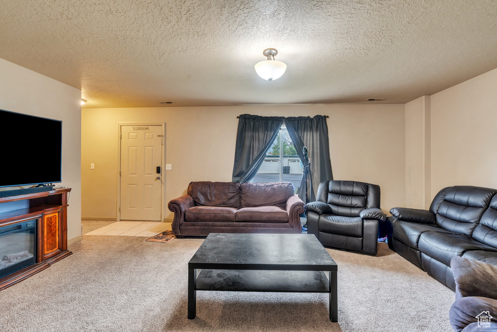 Living area featuring light colored carpet, a textured ceiling, and a glass covered fireplace