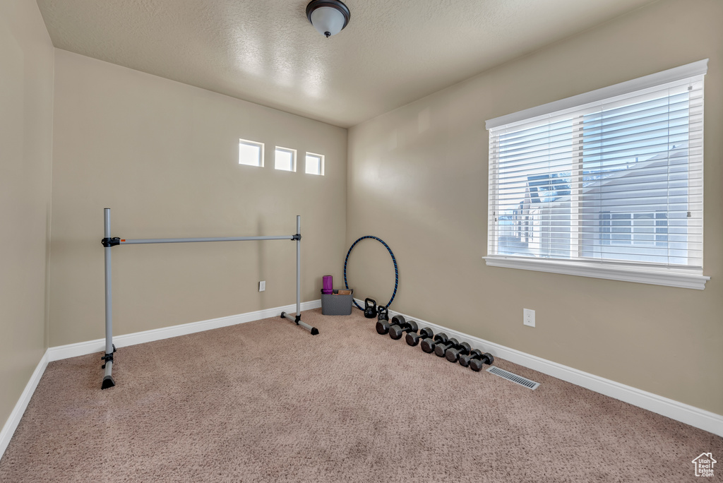 Workout room with carpet floors, baseboards, and a textured ceiling
